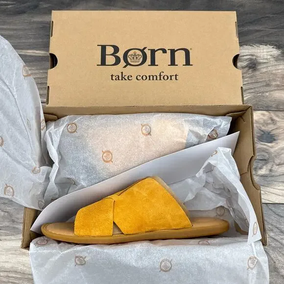 NIB Born Celena 9M Yellow Suede Cross Strap Flat Comfort Slide Sandals - Picture 9 of 10